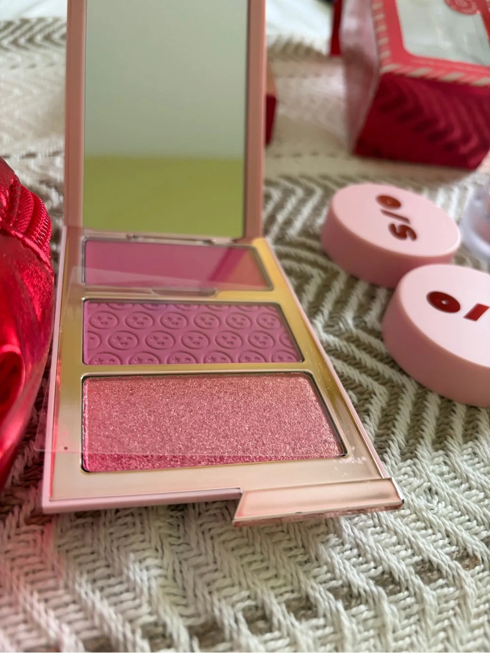ONE/SIZE Pink Makeup Palette & Accessories with Red Metallic Pouch